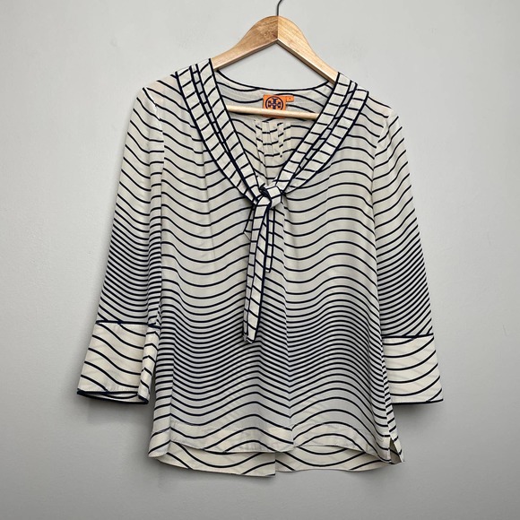 Tory Burch Tops - Tory Burch Silk Iriana Pretty Stripped Blouse V-Neck 3/4 Sleeve Blue Cream 6